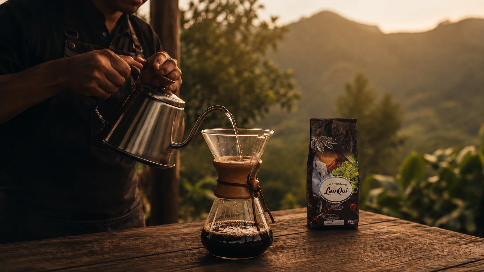 Persona sirviendo café Café LonQui junto al paquete de café, con montañas de fondo